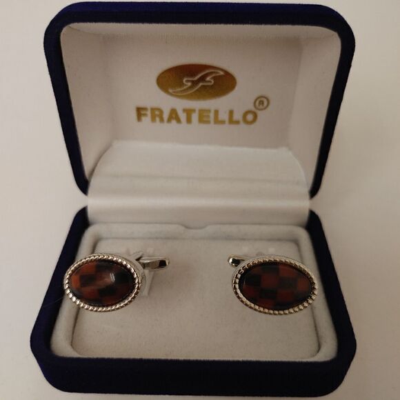 MEN'S FRATELLO BROWN STONE CUFFLINKS WITH SILVER TRIM. - Picture 1 of 2